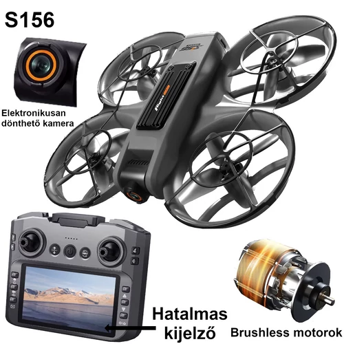 YLr/c S156 védőkeretes Brushless motoros drón, nagy méretű saját kijelzővel, dönthető kamerával, opt. szenzorral, hordótáska.