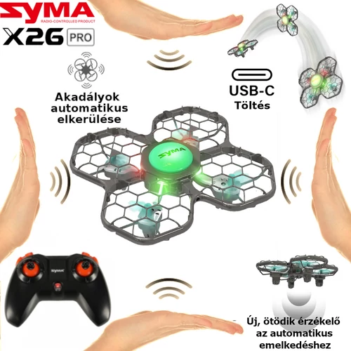 SYMA X26 PRO a teljes védőkerettel építkező, öt szenzoros lebegő akadályokat kikerülő drón
