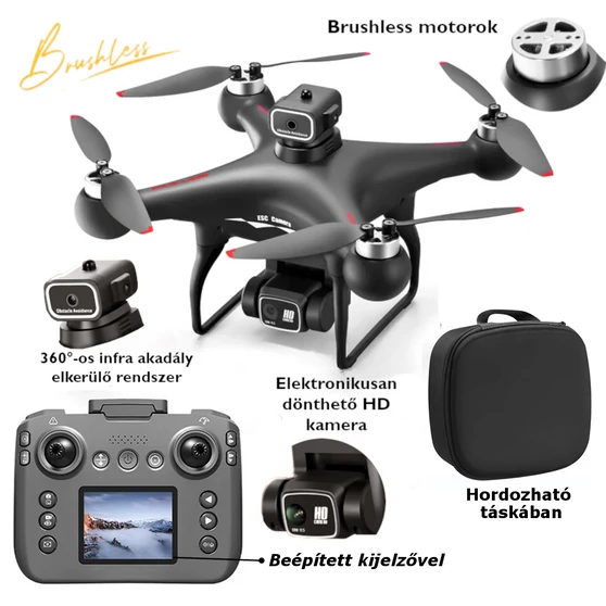 YLr/c S116 MAX BLDC motoros drón, saját kijelző, HD+ dönthető kamera, opt. szenzor, 360° érzékelő, hordótáska
