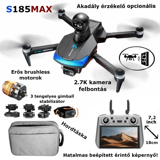YLr/c S185 MAX drón 7,2 érintő kijelző, GPS, 2,7K kamera, 3 tengelyes gimbal