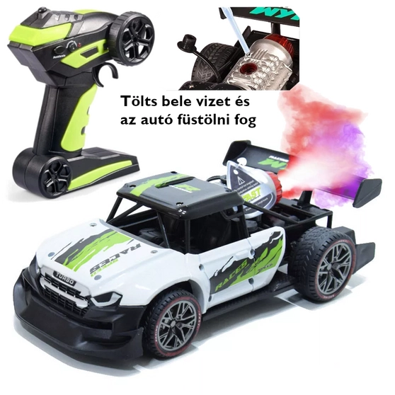 Távirányítós verseny autó valódi füst + fény effektekkel KRC fehér színű 