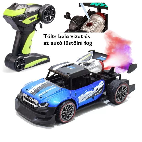 Távirányítós verseny autó valódi füst + fény effektekkel KRC sötétkék színű 