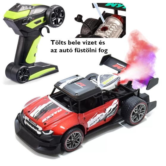 Távirányítós verseny autó valódi füst + fény effektekkel KRC piros színű 
